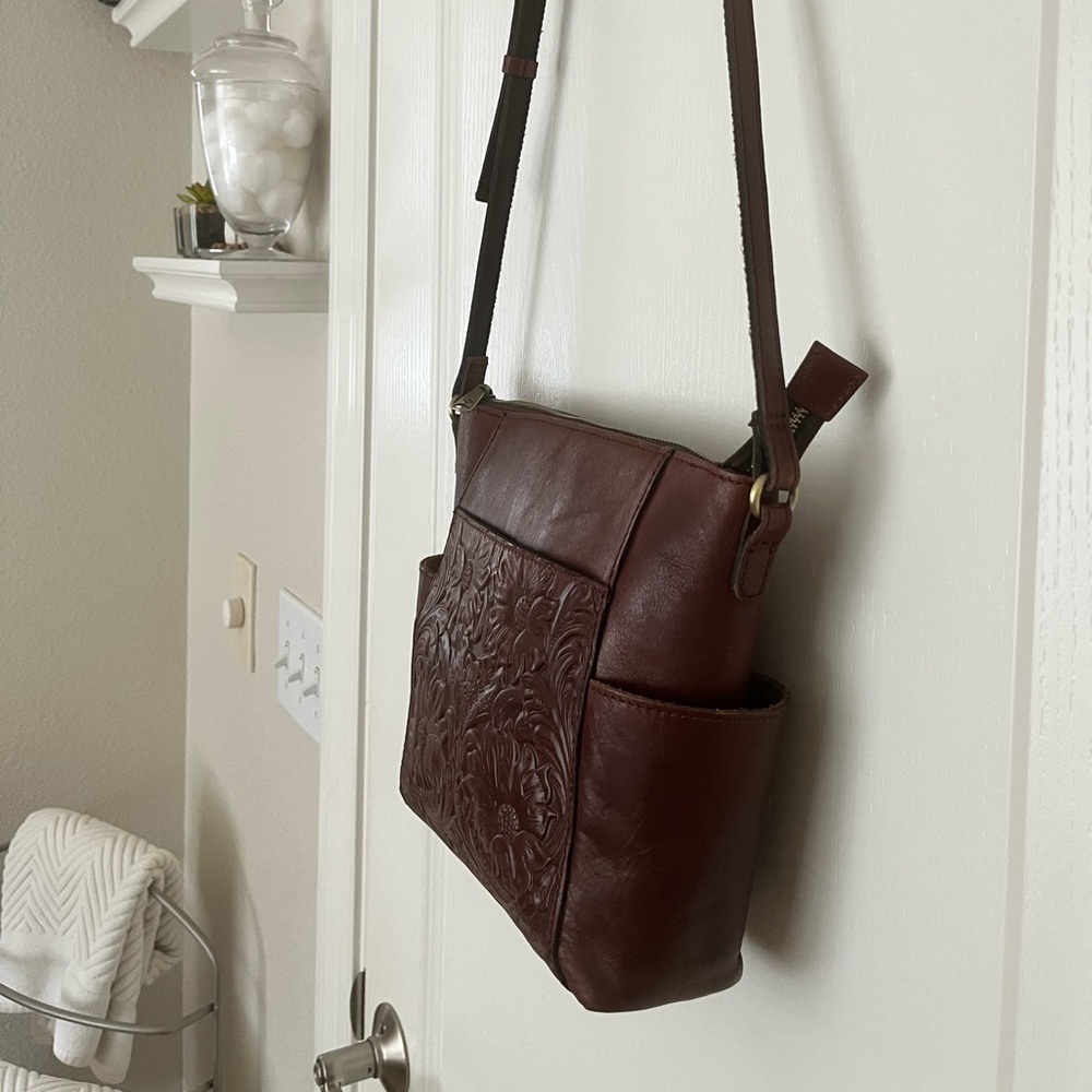 Patricia Nash Aveley British Brown Western Tooled Leather Crossbody Shoulder Bag - Picture 4 of 16